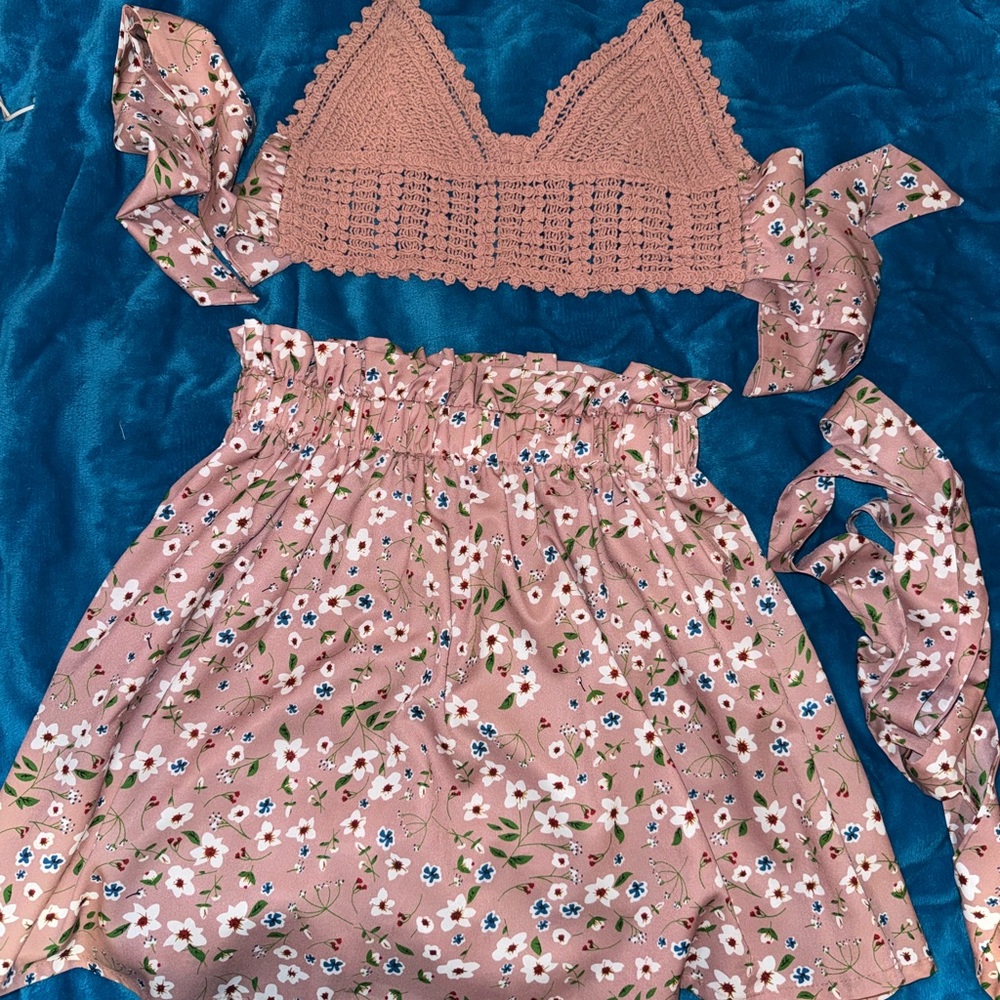SHEIN Pink Floral Crop Top and Skirt Set